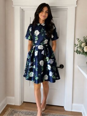 Chi Chi London Navy Floral Fit-and-Flare Dress with Collar
